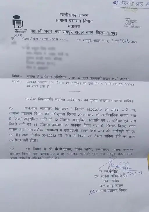 छत्तीसगढ़ में SC-ST-OBC आरक्षण खत्म: सरकार ने RTI में दी जानकारी, कहा-हाईकोर्ट के फैसले के बाद आरक्षण नियम-रोस्टर के सक्रिय होने का प्रश्न ही नहीं.. October 6, 2026